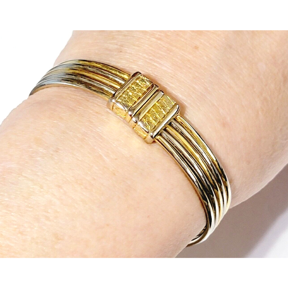 Vintage Retro Gold‎ & Silver Hinged Clamper Bracelet Bangle, Ribbed hb
